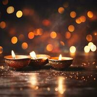 Diwali background with copy space. A lit candle on a wooden table, with a blurred bokeh background of lights. Perfect for advertising, banners, and social media posts. Generative AI photo