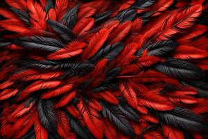 rojo y negro pluma fondo, vistoso pluma fondo de pantalla, plumas fondo, mullido pluma textura, pluma patrón, pluma textura, piel textura, ai generativo foto