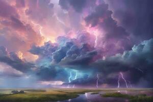 Pastel Thunderstorm Sky, Fantasy Thunderstorm Sky Wallpaper, Dreamy Pastel Thunderstorm, AI Generative photo