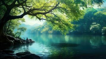 cielo azul lago árbol paisaje ai generado foto