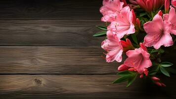 Azalea Rhododendron on Wood Background with Copy Space, AI Generative photo