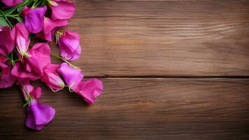 Sweet Pea Flower on Wood Background with Copy Space, AI Generative photo