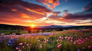 flower meadow sunset summer landscape ai generated photo