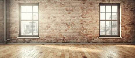 3D rendering of an empty room with big window in loft style. Wooden floor and brick wall in a modern interior. Bright and spacious space with a lot of natural light. copy space. Generative AI photo
