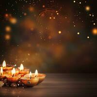 Diwali background with copy space. A lit candle on a wooden table, with a blurred bokeh background of lights. Perfect for advertising, banners, and social media posts. Generative AI photo