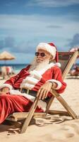 Santa Claus relaxing on tropical beach. He is lying on a sunlounger, sipping a cocktail, and enjoying the sunshine. Perfect for creating Christmas cards, posters, or other holiday. Generative AI photo