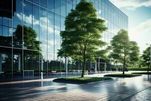 Green oasis in the city. Modern office building with lush trees in the foreground. Generative AI photo