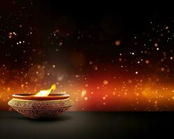 Diwali background with copy space. A lit candle on a wooden table, with a blurred bokeh background of lights. Perfect for advertising, banners, and social media posts. Generative AI photo