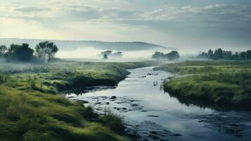 reflexión naturaleza río niebla paisaje ai generado foto