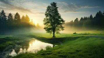 beautiful meadow morning green landscape ai generated photo