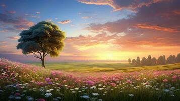 beautiful meadow sunset summer landscape ai generated photo