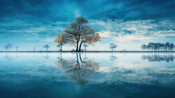 reflection blue lake tree landscape ai generated photo