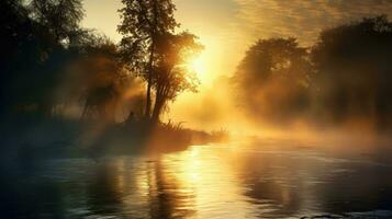 y sunshine river mist landscape ai generated photo