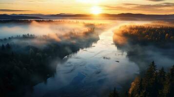 morning sunshine river mist landscape ai generated photo