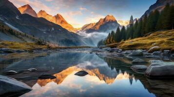 dawn reflection river alpine landscape ai generated photo