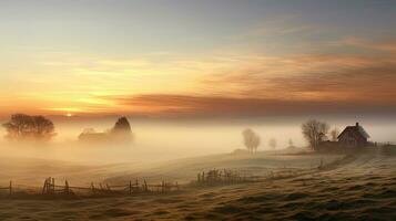 rural tierra amanecer niebla paisaje ai generado foto