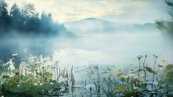 lago reflexión planta niebla paisaje ai generado foto