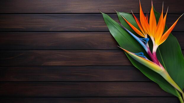 pájaro de paraíso flor en madera antecedentes con Copiar espacio, ai generativo foto