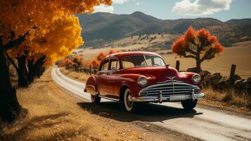 un vibrante rojo coche velocidades abajo el devanado camino, sus ruedas agarre el tierra como el montañas telar en el distancia y el cielo estiramientos interminablemente arriba, ai generativo foto