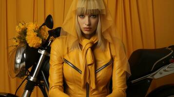 A fierce woman stands in front of an indoor wall, her hair blowing in the wind as she confidently dons a bright yellow leather jacket while leaning against a motorcycle, AI Generative photo