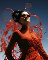 A striking woman in a red dress and sunglasses stands beneath a brilliant sky, exuding confidence and effortless style as she commands the outdoor setting with her presence, AI Generative photo