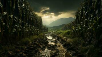 A tranquil stream winds its way through a breathtaking landscape, surrounded by billowing clouds and lush plants, as it leads to the majestic mountains and hidden valleys of the ravine, AI Generative photo