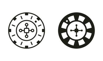 Casino Wheel Line and Silhouette Black Icon Set. Casino Roulette. Gambling Addiction, Play Lottery Sign. Lucky Fortune, Risk and Win in Gamble Game Symbol Collection. Isolated Vector Illustration.