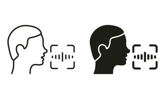 Identification by Voice Pictogram. Voice Assistant. Speak for Access Symbol Collection. Command Voice ID Recognition Technology Line and Silhouette Black Icon Set. Isolated Vector Illustration.