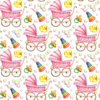 Watercolor illustration pattern pink stroller, pyramid, duck, pacifier, soap bubbles, for boys or girls, small children. Clip art for fabric textile baby clothes, wallpaper, wrapping paper, packaging png