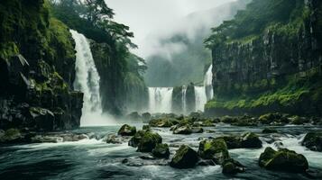 A cascading waterfall nestled among towering trees in a serene forest landscape, its wild and untamed stream flowing with the force of a mountain's fall, AI Generative photo