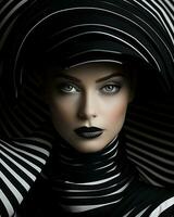 A captivating portrait of a woman with striking black and white striped hat, her mesmerizing eyes adorned with fluttering eyelashes, exuding a fierce sense of fashion and individuality, AI Generative photo