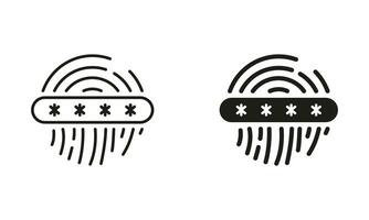 Unique Biometric Identification. Fingerprint Password, Thumbprint Code Symbol Collection. Touch ID, Privacy Line and Silhouette Icon Set. Access by Finger Print Sign. Isolated Vector Illustration.