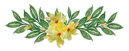 Bouquet of yellow flowers and green leaves with watercolor hand painted png