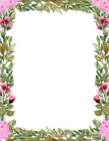 Watercolor spring floral frame. Hand painted pink flower and leaves border clipart png
