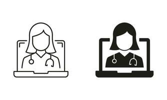 Virtual Medical Service, Telemedicine Symbol Collection. Online Digital Medicine Line and Silhouette Icon Set. Doctor in Computer, Online Remote Healthcare Pictogram. Isolated Vector Illustration.