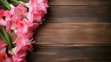 gladiolo flor en un madera antecedentes con Copiar espacio, ai generativo foto