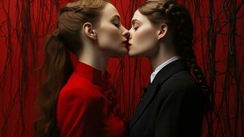 A fiery embrace between two women, dressed in red and clad in suits, as they share a passionate kiss indoors, overflowing with love and romance, AI Generative photo