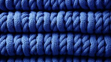 A mesmerizing tangle of textured threads, the blue knit fabric beckons with the promise of softness and strength intertwined, AI Generative photo
