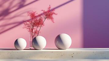 A vibrant garden of white orbs nestled among fiery red foliage, set against a soft pink backdrop, evoking a sense of playful curiosity in an outdoor oasis, AI Generative photo