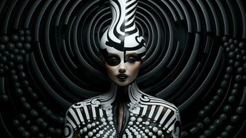 A strikingly unconventional cartoon figure adorned in black and white body paint resembling a zebra, exuding a fierce and artistic fashion statement, AI Generative photo