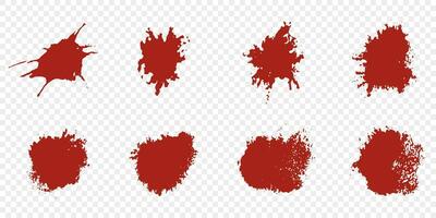 Paint Stain Texture, Blood Drip Spatter Set. Red Grunge Splash. Bloodstain Splatter. Crime Mark Collection. Messy Ink Splat, Abstract Pattern on Transparent Background. Isolated Vector Illustration.