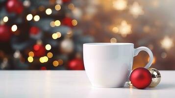 White mug on a white table with bright lights in defocus and gifts in the background. Close-up of a ceramic cup for advertising and design for New Year and Christmas. Generative AI photo