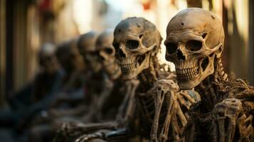 A group of skeletons sitting in a line, AI Generative photo