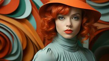 A fiery-haired woman donning an orange hat and bold lipstick exudes fierce fashion and captivating confidence in her portrait, AI Generative photo