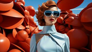 un mujer en un blanco vestir y Gafas de sol sonrisas como ella flotadores mediante el cielo rodeado por vistoso globos, su gafas de protección reflejando el brillante al aire libre luz, dando su un caprichoso, ai generativo foto