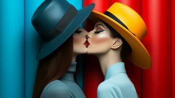 Two women boldly embrace, their heads adorned with exquisite hats, a fusion of headdress and fashion as they share a passionate kiss indoors, AI Generative photo