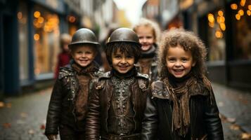 Rebellious youth exude confidence as they stand proudly in their edgy leather jackets and helmets, grinning in front of a gritty urban building, AI Generative photo