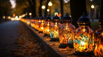 A mesmerizing glow illuminates the darkened street as a line of lanterns, each holding a flickering candle, guide the way through the enchanting night, AI Generative photo