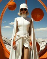 A woman in a flowing white dress stands against a clear blue sky, her sunglasses and goggles reflecting the outdoor scenery, exuding a sense of effortless fashion and confidence, AI Generative photo