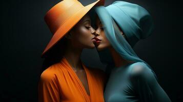 Two fashionable women embrace in a passionate kiss, their elegant dresses and intricate headpieces blending into a beautiful expression of love and individuality, AI Generative photo